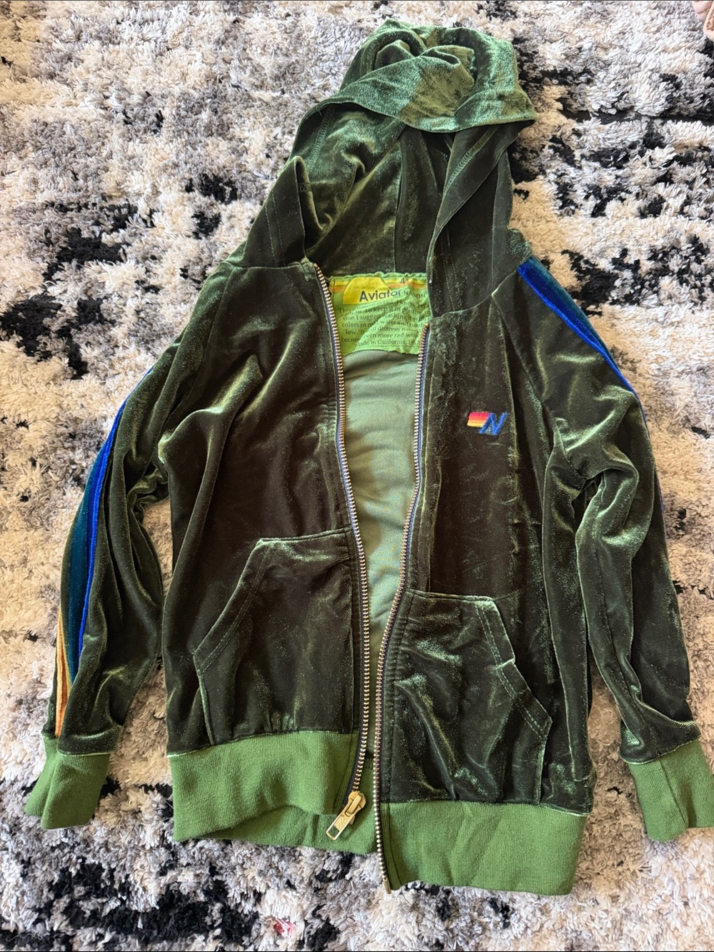 Aviator Nation Kids Olive Green Velvet Zip Hoodie with Blue Stripe